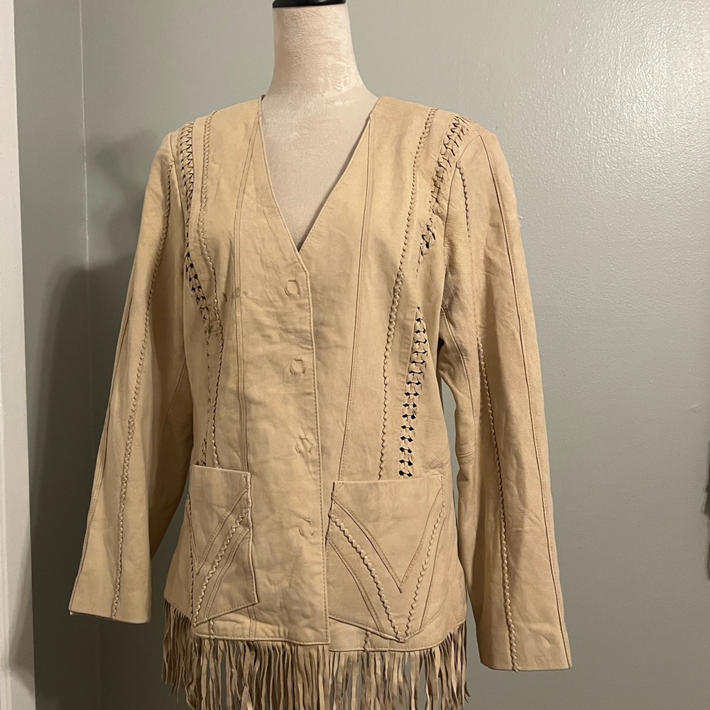 Coldwater Creek Beige Leather Jacket with Fringe - Picture 3 of 6